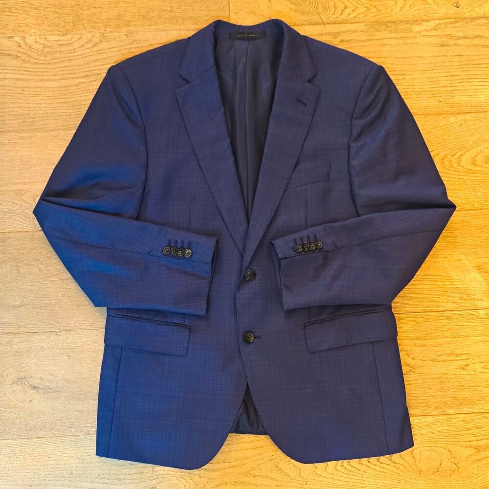 HUGO BOSS 40S Mens Blue Check Wool Blazer 2-Button Notch Lapel